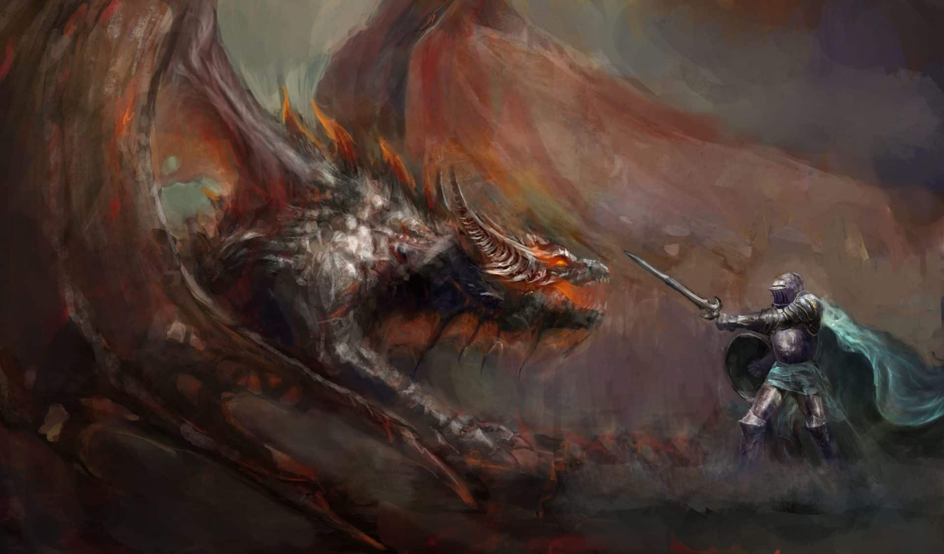 Knight in armor of God fights dragon